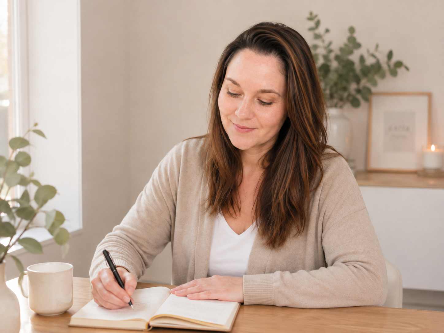 Jade Asher writing in a journal at a calm wooden desk with soft natural light